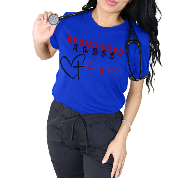 registered nurse shirt, faith shirt, royal blue, front