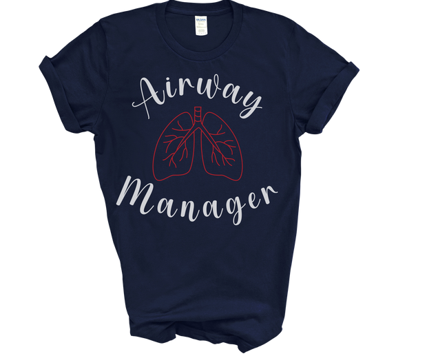 navy tshirt for respiratory therapist with word airway at top in white font at a half circle and word manager in white font at a half circle with image of red lungs in middle