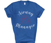 roayl blue tshirt for respiratory therapist with word airway at top in white font at a half circle and word manager in white font at a half circle with image of red lungs in middle