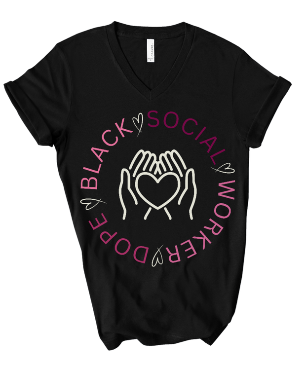 black shirt social worker tshirt with words dope black social worker in purple and pink fontsin a cirlcle with heart in between the two words and white hands holding a white heart in the middle