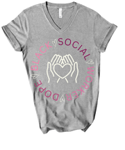 grey social worker tshirt with words dope black social worker in purple and pink fontsin a cirlcle with heart in between the two words and white hands holding a white heart in the middle