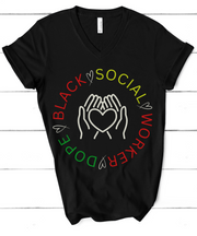 black shirt social worker tshirt with words dope black social worker in a cirlcle with heart in between the two words and tan hands holding a white heart in the middle