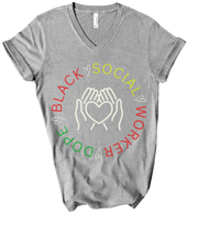 grey social worker tshirt with words dope black social worker in a cirlcle with heart in between the two words and tan hands holding a white heart in the middle