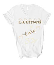 white social worker tshirt with words licensed to care and hearts