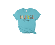teal short sleeve shirt for nurses, the word nurse if printed in leopard color font with work proud underneath in black print
