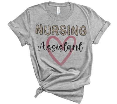 grey nursing assistant tshirt with leopard print and pink heart