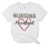 white nursing assistant tshirt with leopard print and pink heart