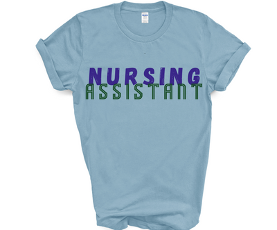 baby blue tshirt for nursing assistant with nursing printed in blue font and assistant in a green baseball print