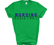 leaf green tshirt for nursing assistant with nursing printed in blue font and assistant in a green baseball print