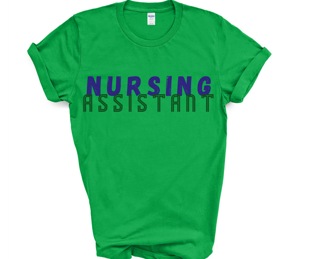 leaf green tshirt for nursing assistant with nursing printed in blue font and assistant in a green baseball print