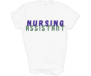 white tshirt for nursing assistant with nursing printed in blue font and assistant in a green baseball print
