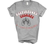grey tshirt for respiratory therapist with white and red bubble letter saying respiratory therapy, an outline of black lungs in the middle and underneath the words "is a work of inspiration"  in white bubble letters with red outline