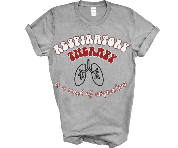 grey tshirt for respiratory therapist with white and red bubble letter saying respiratory therapy, an outline of black lungs in the middle and underneath the words "is a work of inspiration"  in white bubble letters with red outline
