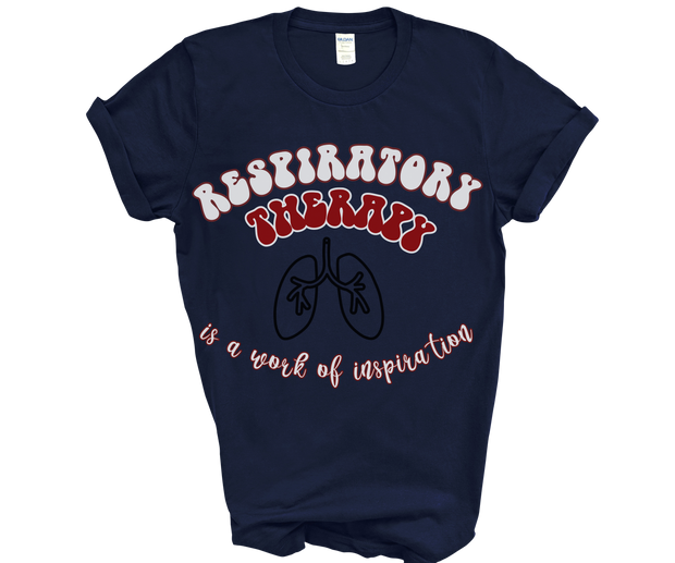 navy blue tshirt for respiratory therapist with white and red bubble letter saying respiratory therapy, an outline of black lungs in the middle and underneath the words "is a work of inspiration" in white bubble letters with red outline