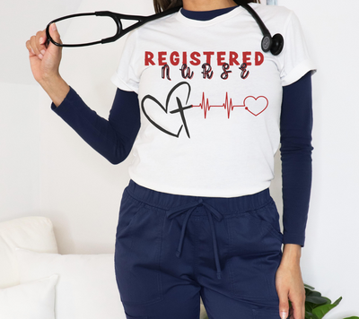 nurse with white tshirt that says registered nurse with heart cross and ekg rhythm