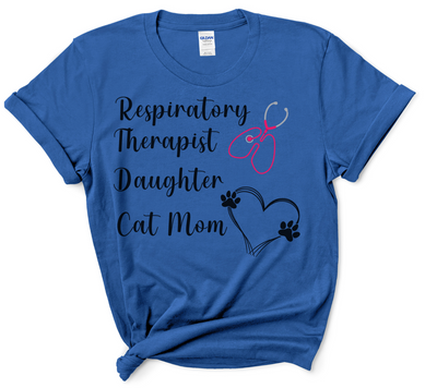 royal blue respiratory therapist daughter cat mom tshirt