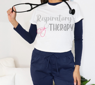 white respiratory therapy tshirt with pink lung stethescope