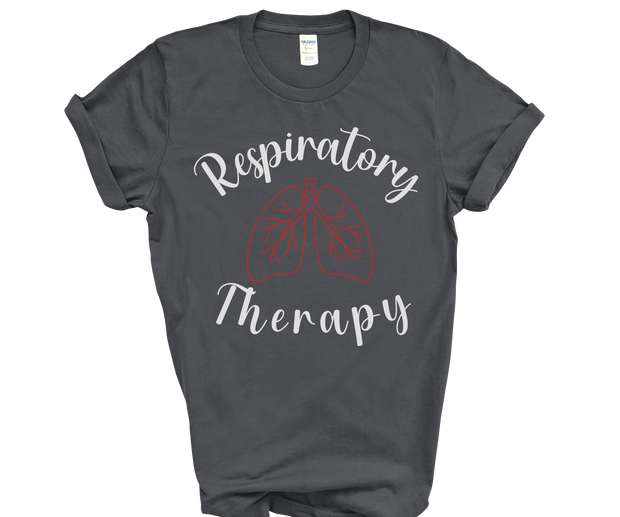 dark grey tshirt for respiratory therapist with word respiratory at top in white font at a half circle and word therapy in white font at a half circle with image of red lungs in middle