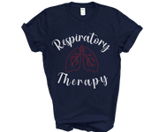 royal blue tshirt for respiratory therapist with word respiratory at top in white font at a half circle and word therapy in white font at a half circle with image of red lungs in middle