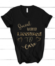 black social worker tshirt with words licensed to care and hearts