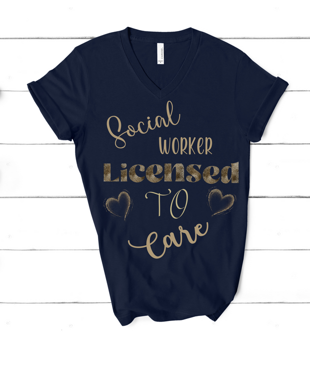 navy social worker tshirt with words licensed to care and hearts