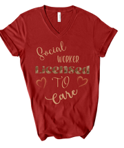 red social worker tshirt with words licensed to care and hearts