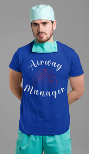 royal blue tshirt for respiratory therapist with word airway at top in white font at a half circle and word manager in white font at a half circle with image of red lungs in middle